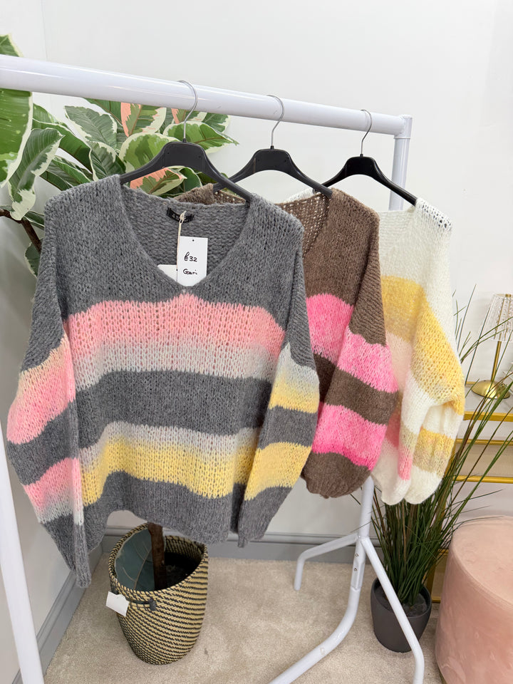 Ladies Fashion Stripe Slouch Chunky Knit Jumper - Mocha, Grey & Beige