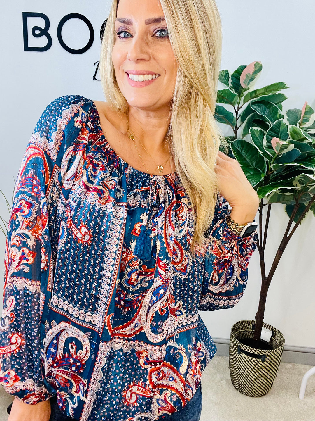 LADIES PAISLEY CHIFFON BARDOT TOP BLOUSE - BEIGE & TEAL