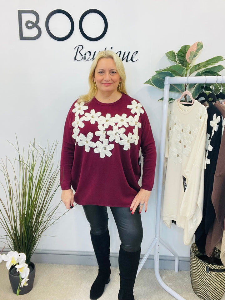 LADIES EMBROIDERED OVERSIZE LOOSE FIT JUMPER WINE BERRY