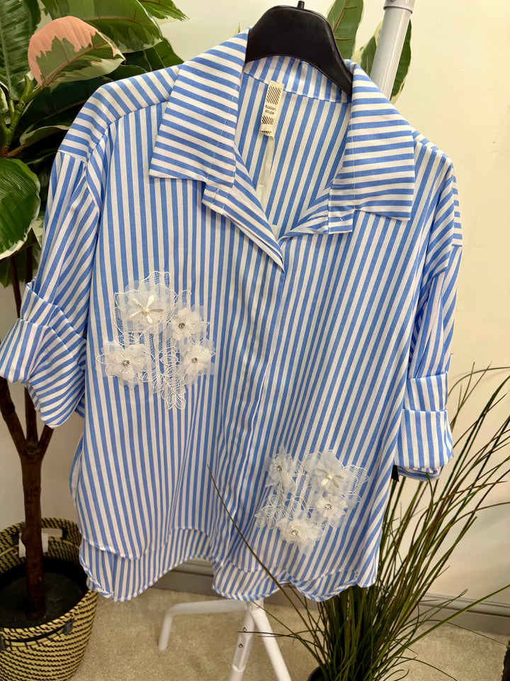 LADIES FASHION STRIPE COTTON SHIRT - YELLOW, BEIGE & BLUE