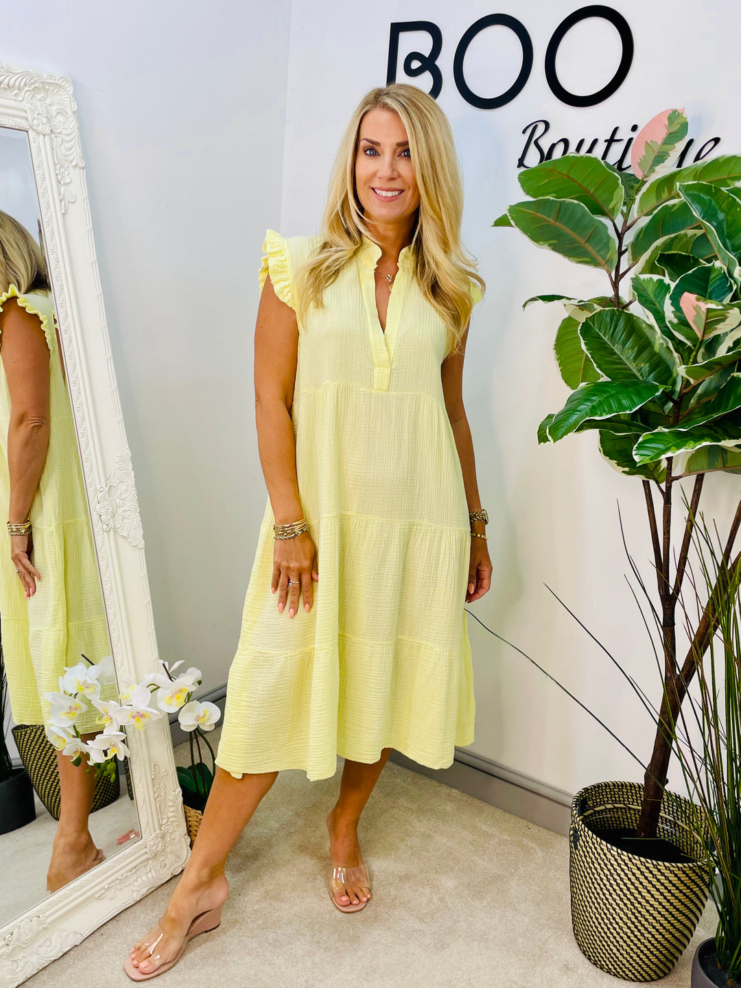 LADIES CHEESECLOTH SMOCK SUMMER MIDI DRESS - LEMON, WHITE, PINK, NAVY, BLUE, KHAKI, BEIGE
