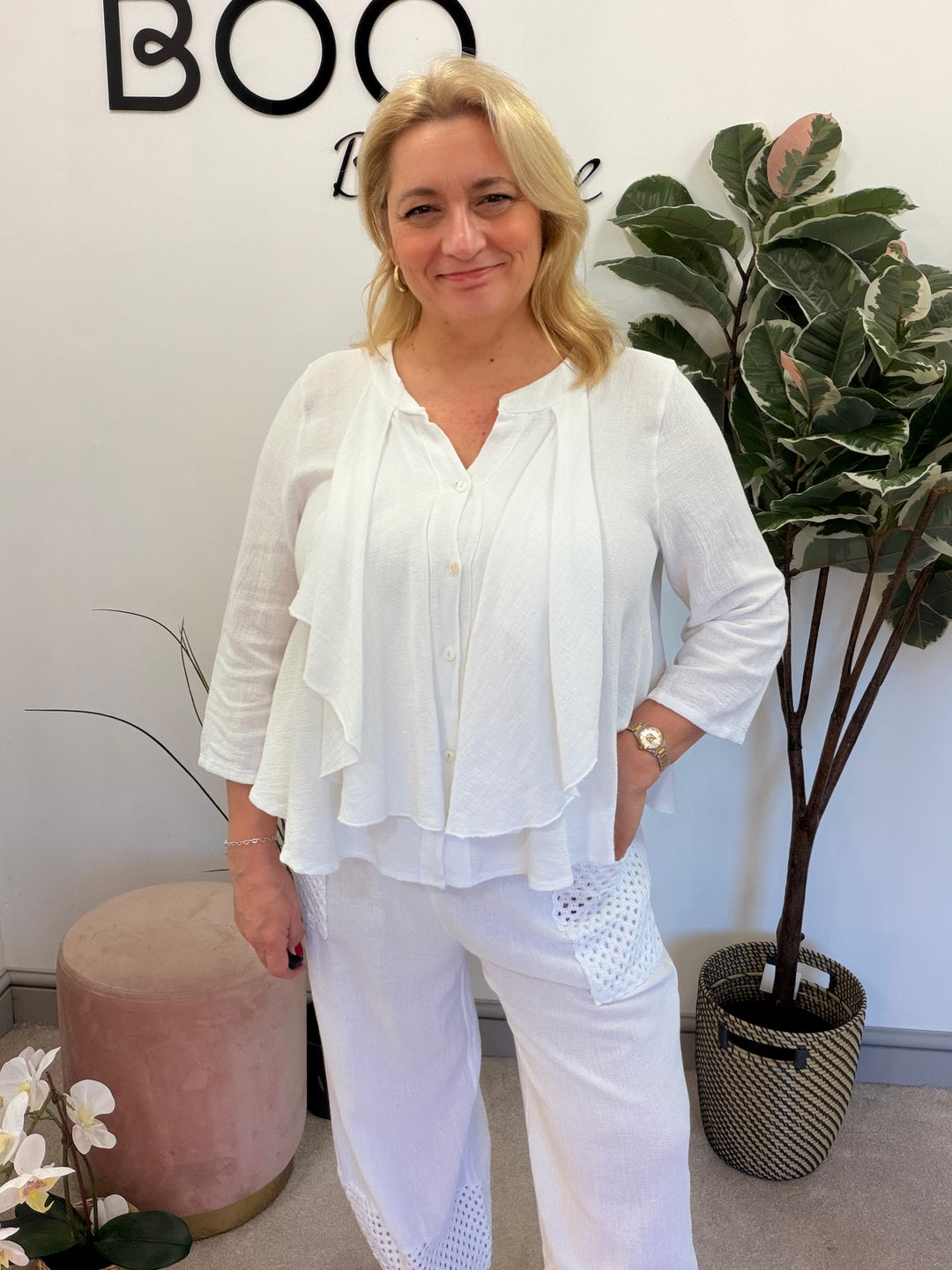 Ladies Fashion Waterfall Teabag Linen Top - lime, blue, turquoise, white, beige