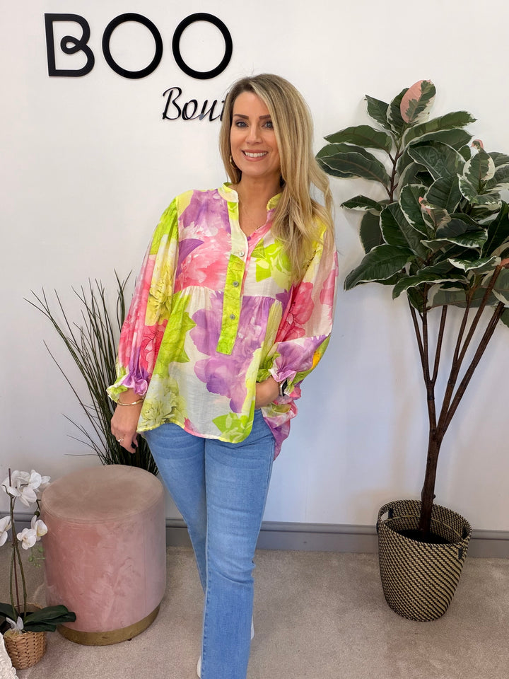 Ladies Fashion Boho Style Grandad Shirt - pink and khaki