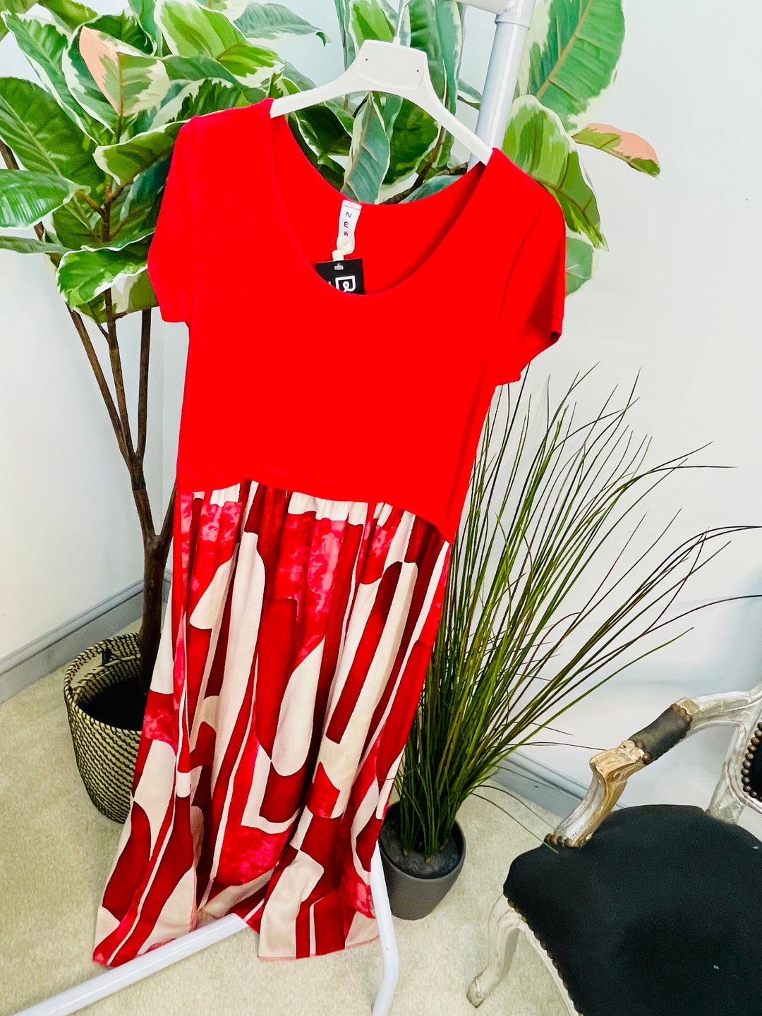 LADIES ABSTRACT PRINT T SHIRT DRESS - BLUE, NAVY, DENIM, RED & BROWN