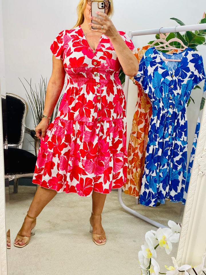 LADIES LEAF PRINT SUMMER EASY WEAR DAY DRESS - BLUE, ORANGE & PINK