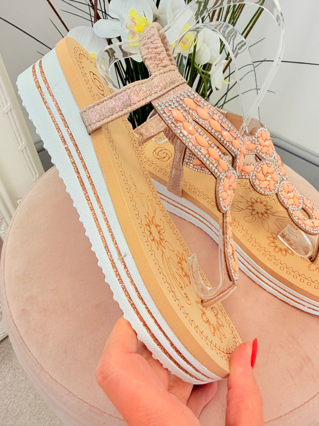 Ladies Fashion Pink Champagne Diamanté Toe Post Sandals