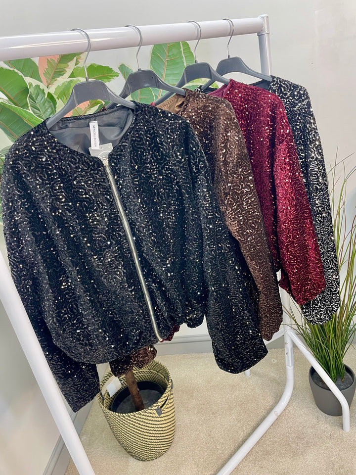 LADIES SEQUIN BOMBER JACKET - BLACK, SILVER, BERRY, BROWN