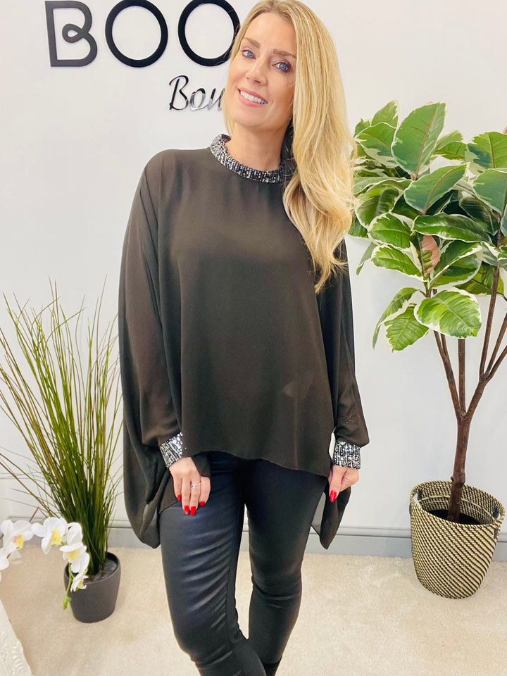 LADIES CHIFFON FLOATY SEQUIN PARTY TOP - BROWN, BLACK, BERRY