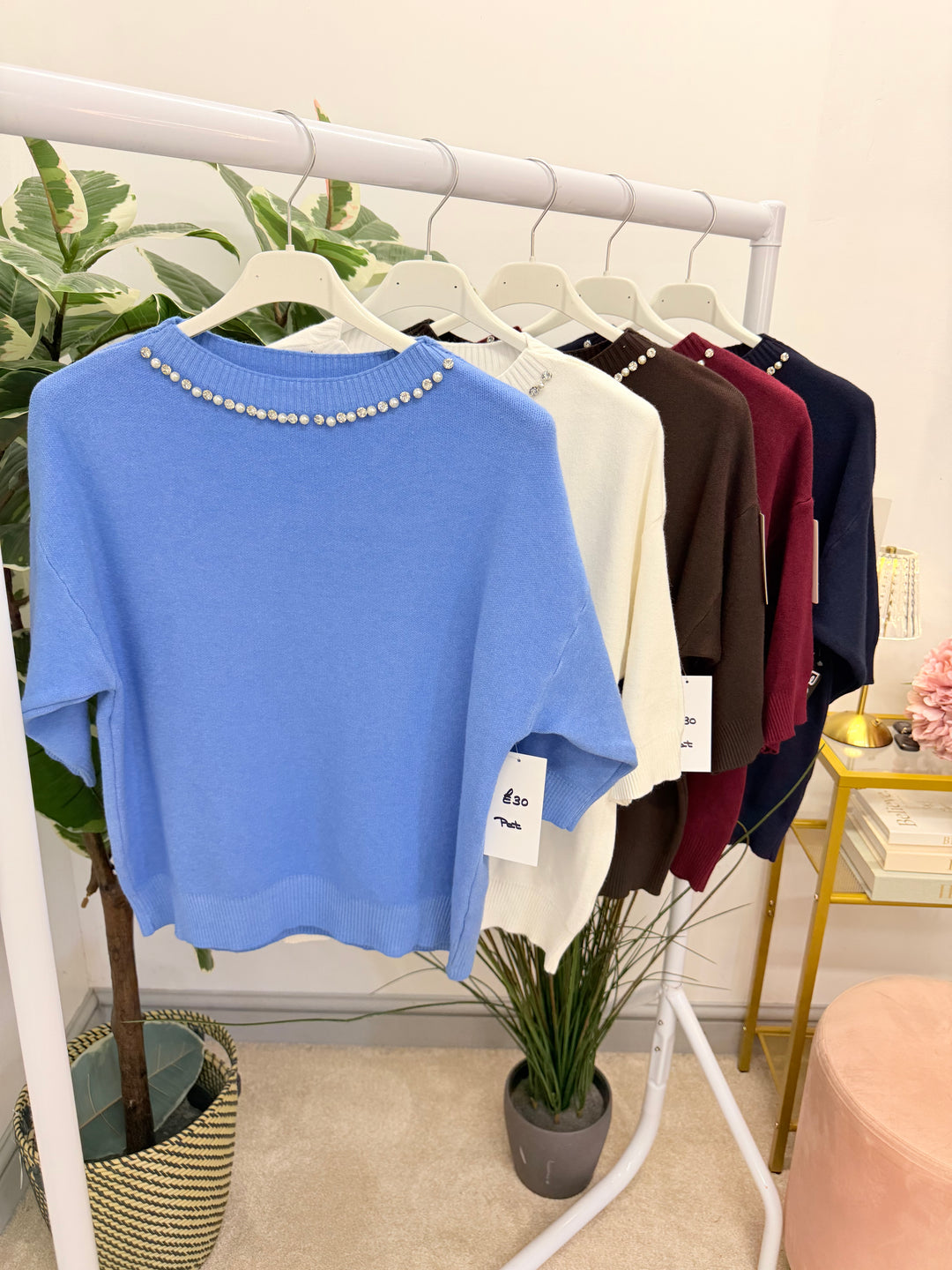 Ladies Fashion Diamante/Pearl Short Sleeve Jumper - Blue, White, Brown, Wine & Navy