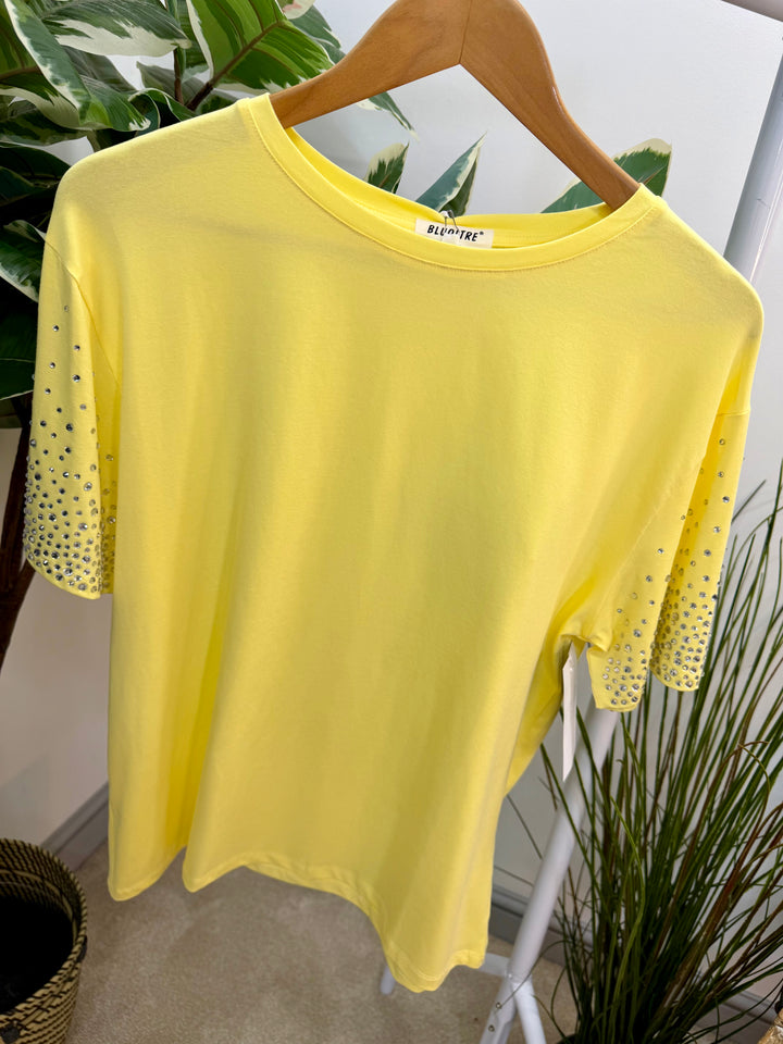 LADIES FASHION DIAMANTE T SHIRT - BLACK, WHITE & YELLOW