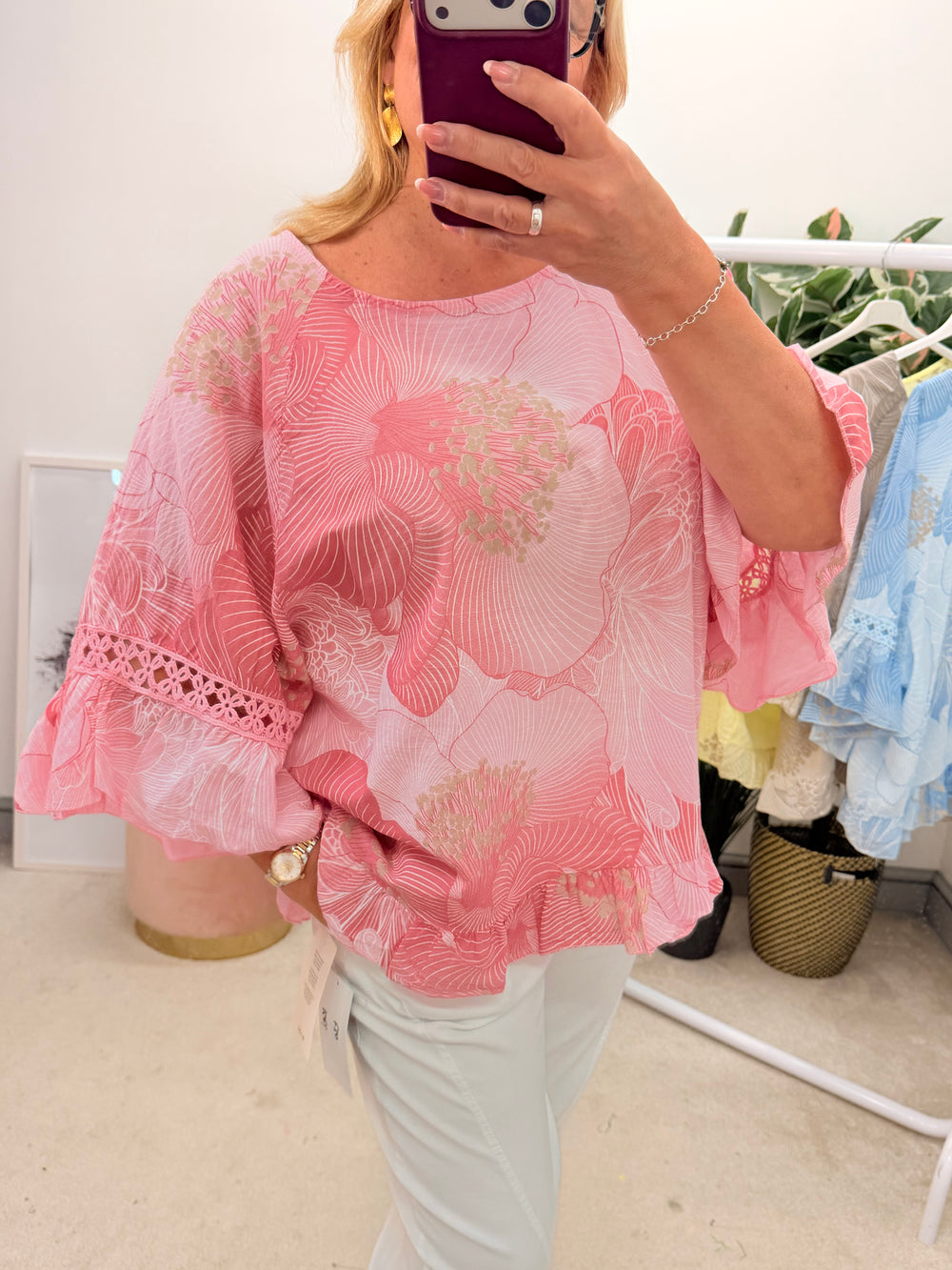 Ladies Fashion Floaty Cotton Top - Lemon, Blue, Pink & Beige