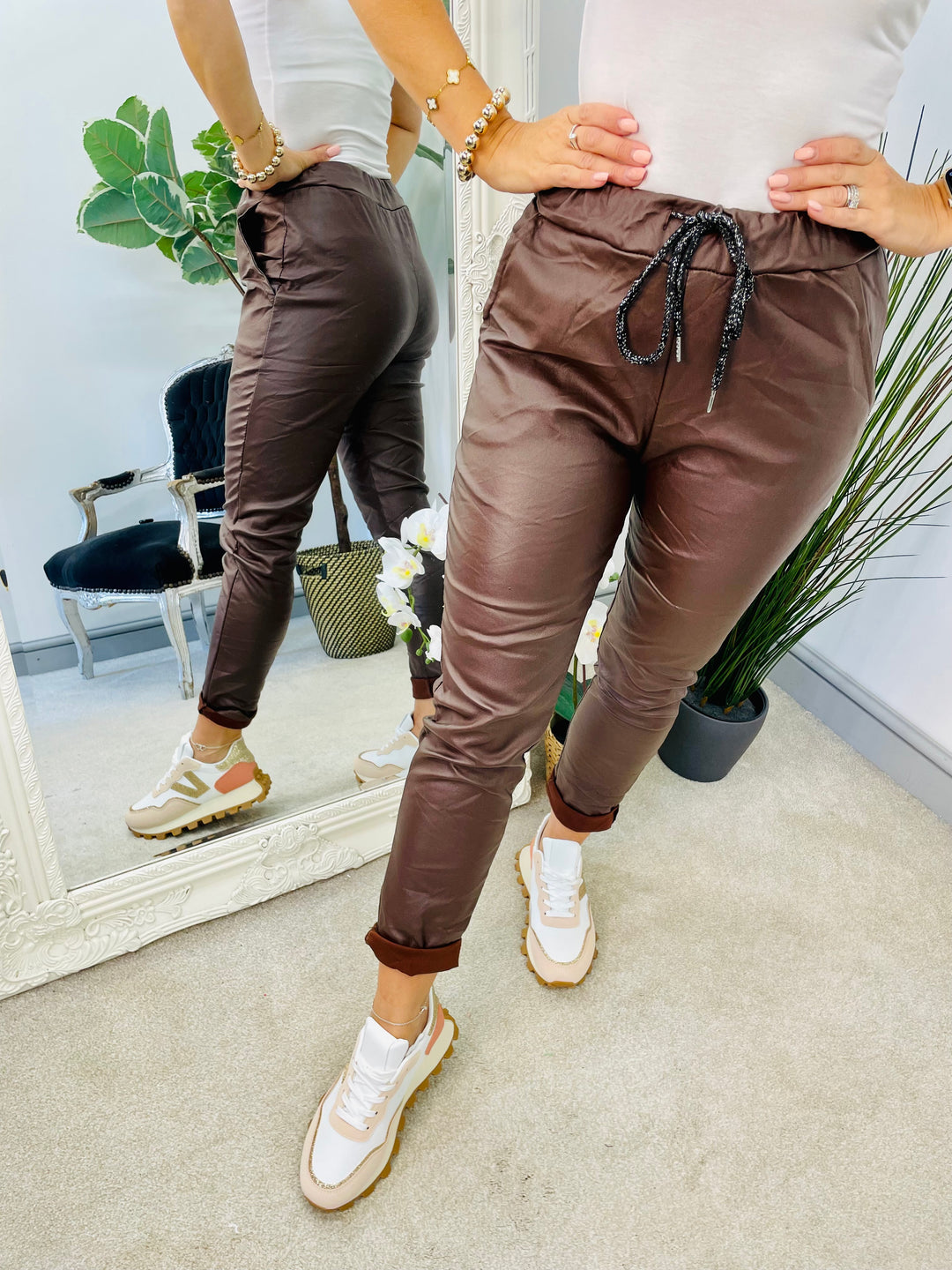 LADIES WOMENS BROWN PU MAGIC TROUSERS