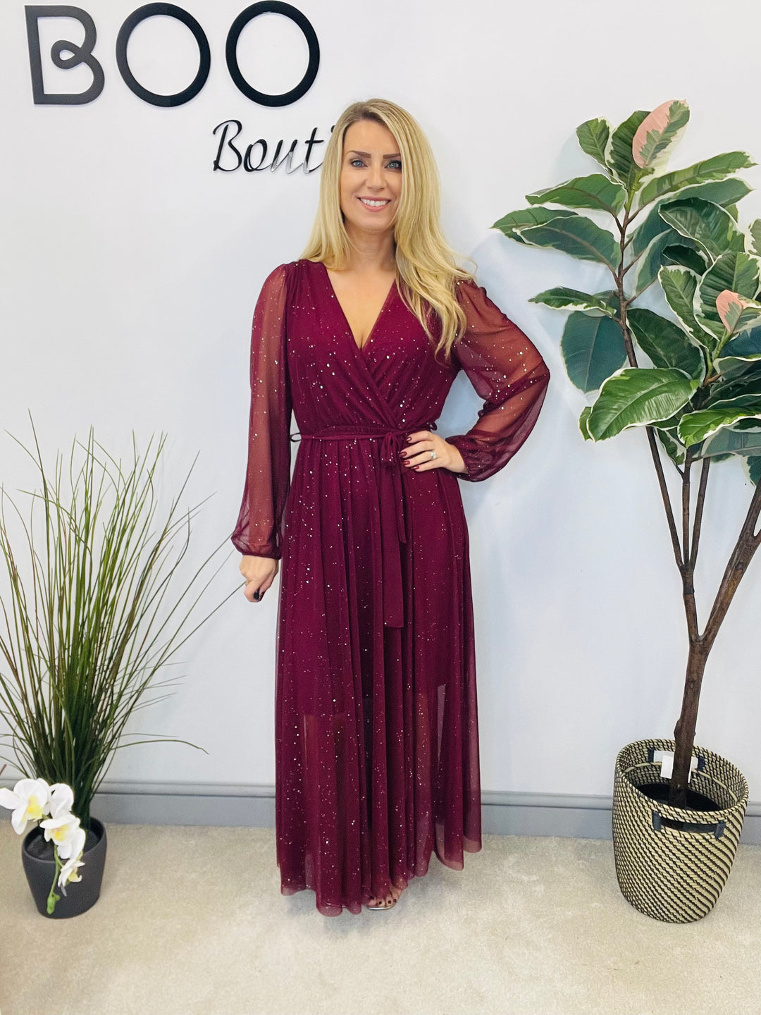 LADIES STRETCH NET PARTY MAXI DRESS - BLACK, BERRY, BROWN & GREEN