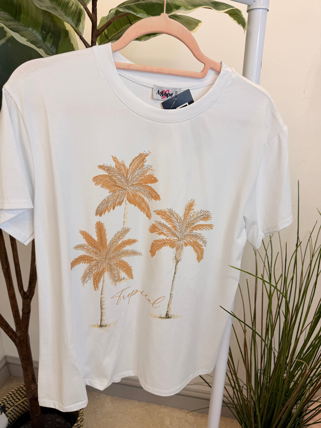 Ladies White Sparkly Tropical Print T Shirt - Navy, Blue, Pink, Khaki & Beige