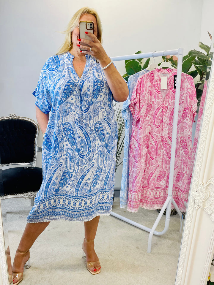 LADIES SUMMER PAISLEY PRINT SHIFT DRESS - PINK, PALE BLUE, ROYAL BLUE