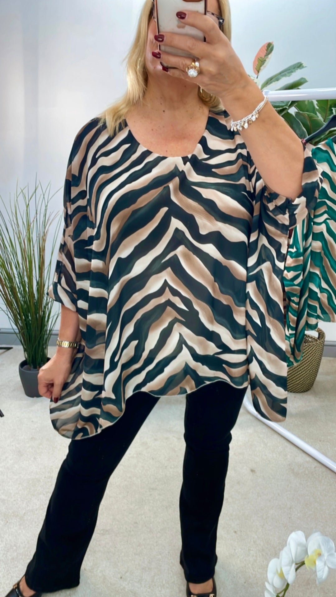 LADIES ZEBRA PRINT CHIFFON FLOATY TOP BLOUSE - GREEN, BLACK & BURGUNDY