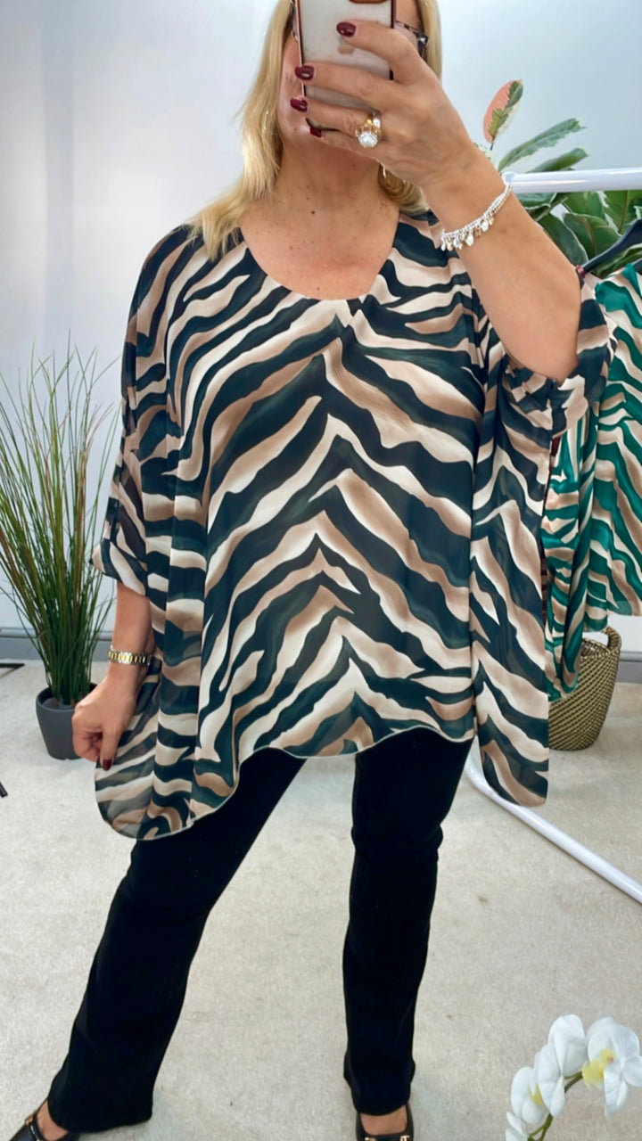 LADIES ZEBRA PRINT CHIFFON FLOATY TOP BLOUSE - GREEN, BLACK & BURGUNDY