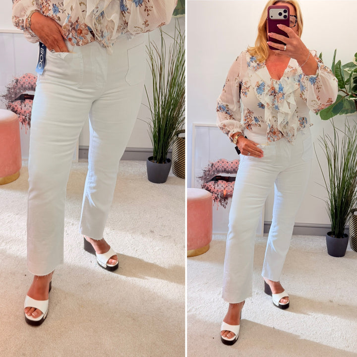 Ladies Fashion White Ankle Grazer Raw Edge Jeans