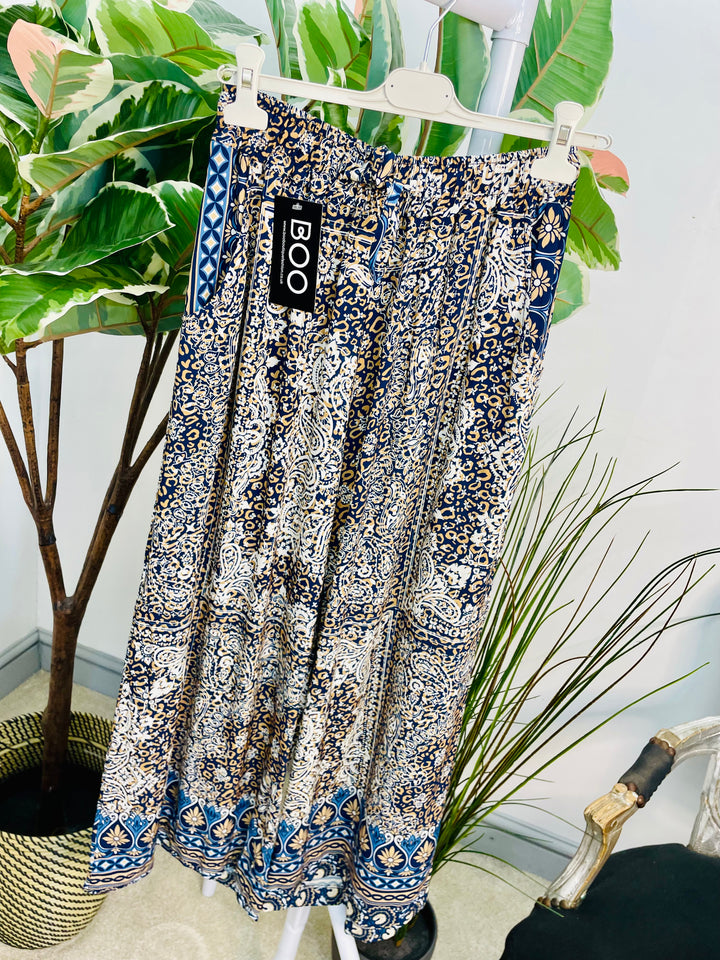 LADIES PAISLEY PRINT WIDE LEG PALAZZO TROUSERS - BURGUNDY, NAVY, KHAKI & BROWN