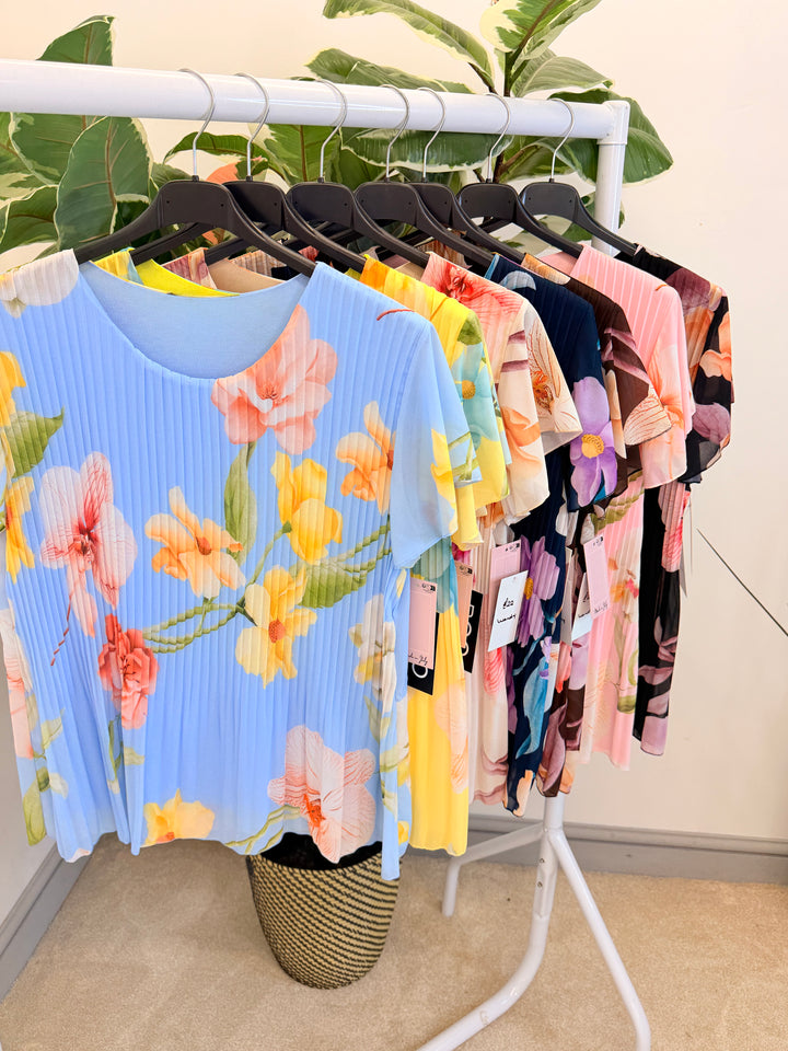 Ladies Pleated Floral Print Chiffon Top - Black, Cream, Blue, Lemon, Pink, Navy, Brown
