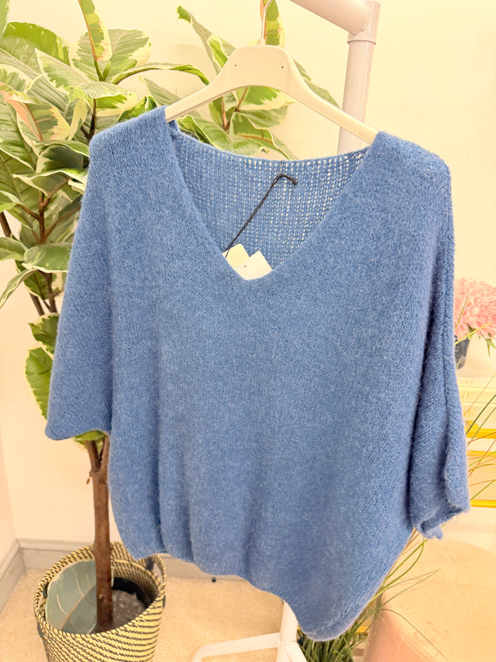 Womens fluffy knit short sleeve V neck jumper - Berry, Brown, Oatmeal, Blue & Khaki
