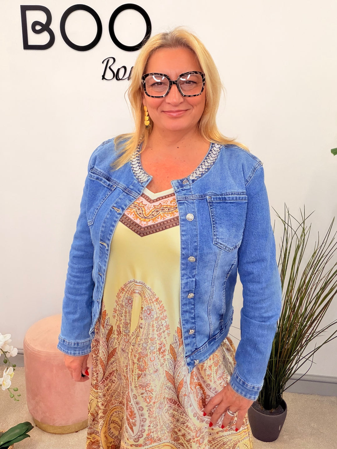 Ladies Fashion Blue Denim Diamante Collar Bomber Jacket