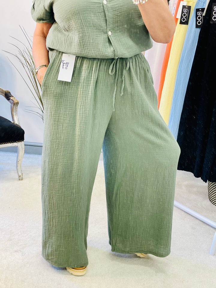 LADIES SUMMER CHEESECLOTH WIDE LEG PALAZZO TROUSERS