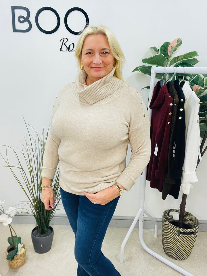 LADIES SOFT KNIT ROLL NECK JUMPER - WHITE, BLACK, BURGUNDY, BROWN & BEIGE