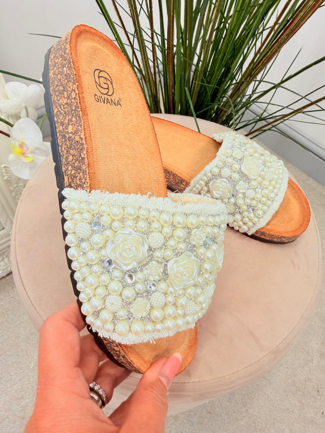 Ladies Fashion White Pearl & Diamante Summer Bridal Slider Sandals