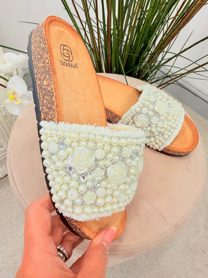 Ladies Fashion White Pearl & Diamante Summer Bridal Slider Sandals