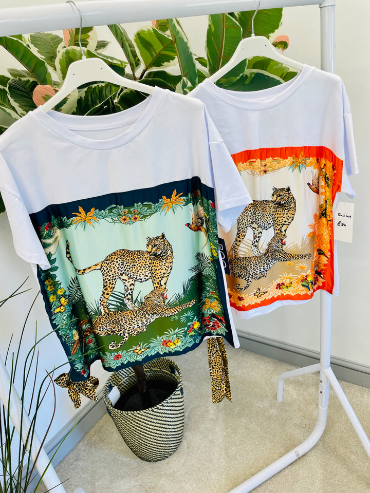 LADIES WHITE JUNGLE PRINT TEE SHIRT - ORANGE & GREEN