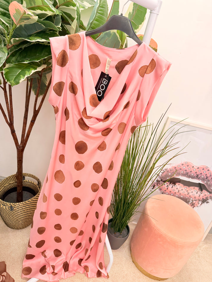 Ladies Satin Polka Dot Sheath Dress - Lemon, Black, Pink, Khaki, Navy, Black & Blue