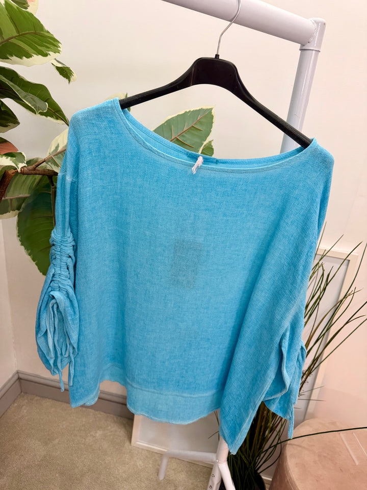 Ladies Fashion Ruche Sleeve Teabag Linen Top turquoise