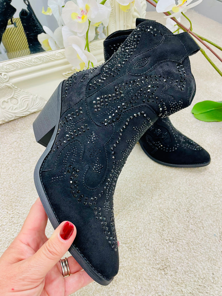 BLACK DIAMANTÉ COWBOY BOOTS ( 3258 )