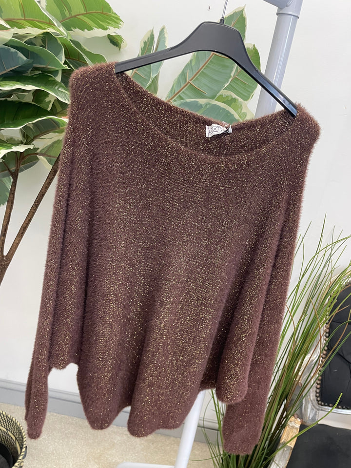 LADIES LUREX BATWING JUMPER - BLACK, BERRY, BROWN