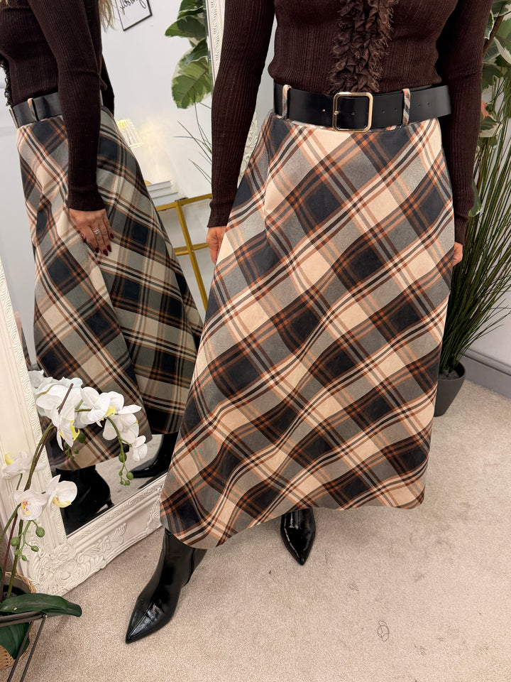 Ladies Fashion Inspired Check A Line Maxi Skirt - Black, Khaki & Camel