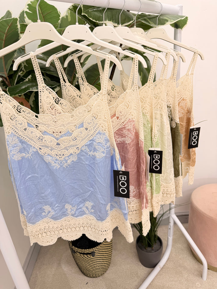 Ladies Fashion Silky Crochet Cami Top - Pink, Khaki, Blue, Cream, Beige, Green