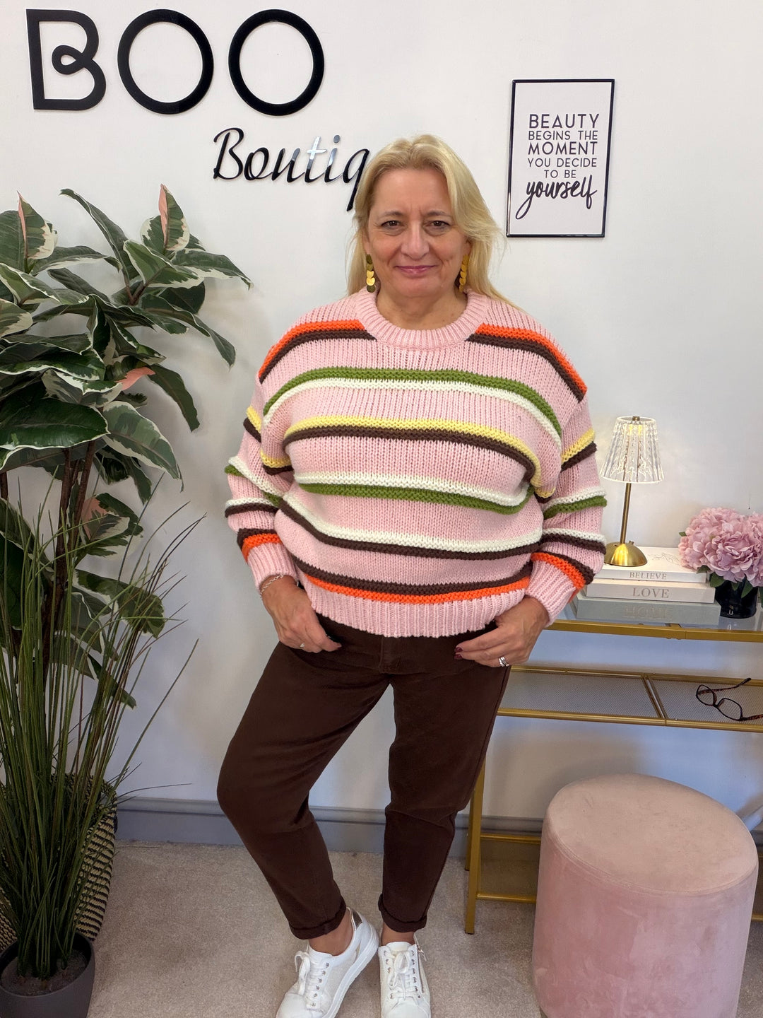 Women’s pink chunky knit stripe jumper 