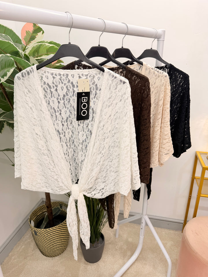 Ladies Lacy Shrug Cardigan - Black, White, Brown & Beige