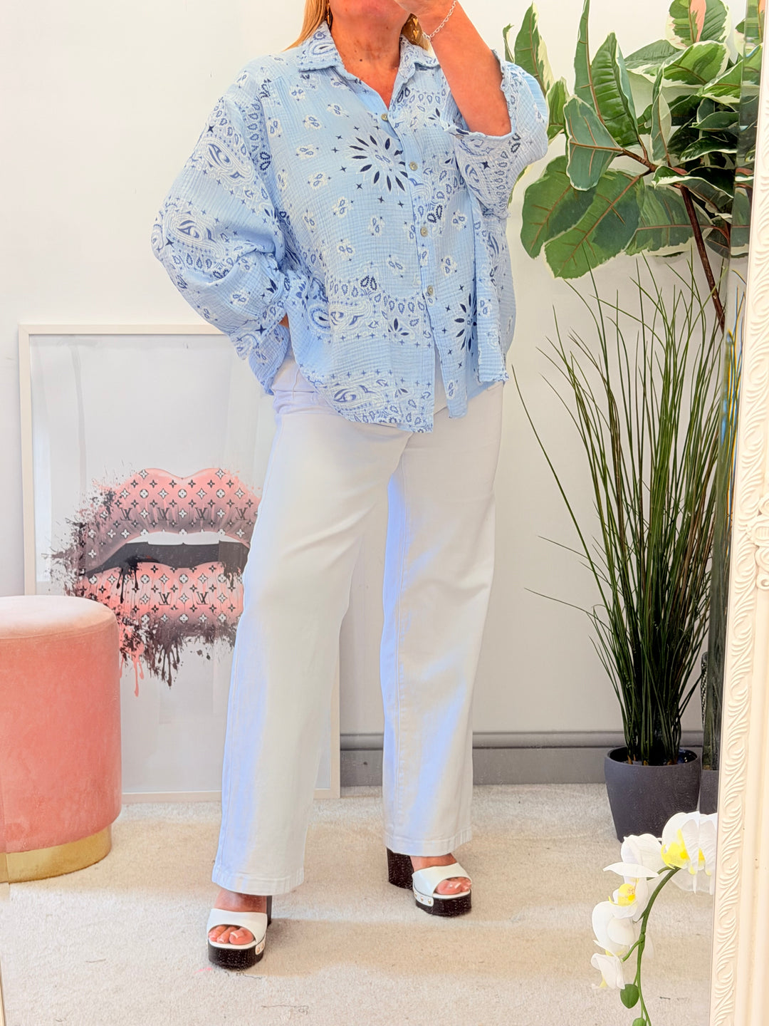 Ladies Cheesecloth Oversize Shirt - Pink, White, Blue