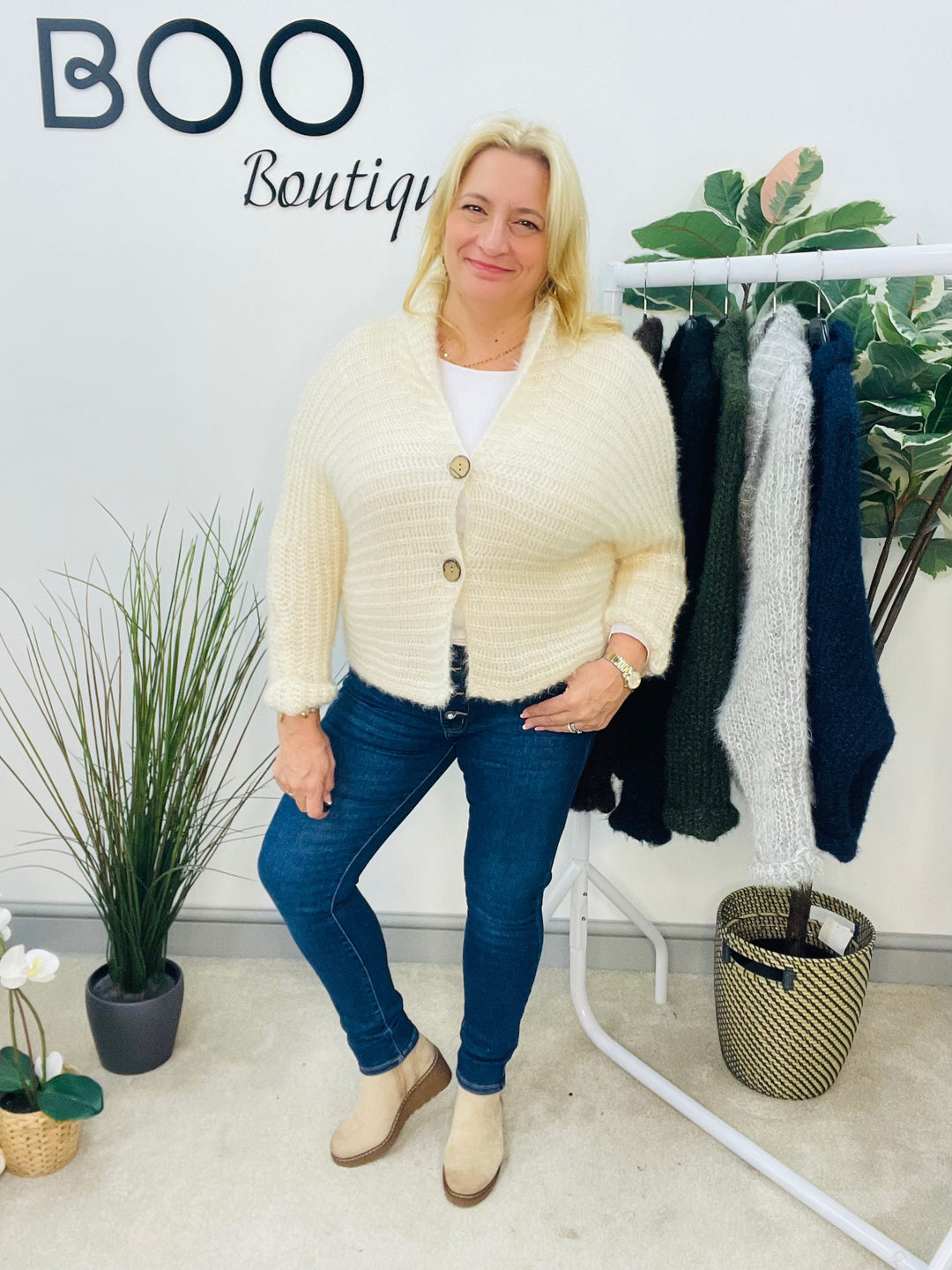 LADIES FLUFFY KNIT CARDIGAN - KHAKI, NAVY, GREY, BLACK, BEIGE, BROWN