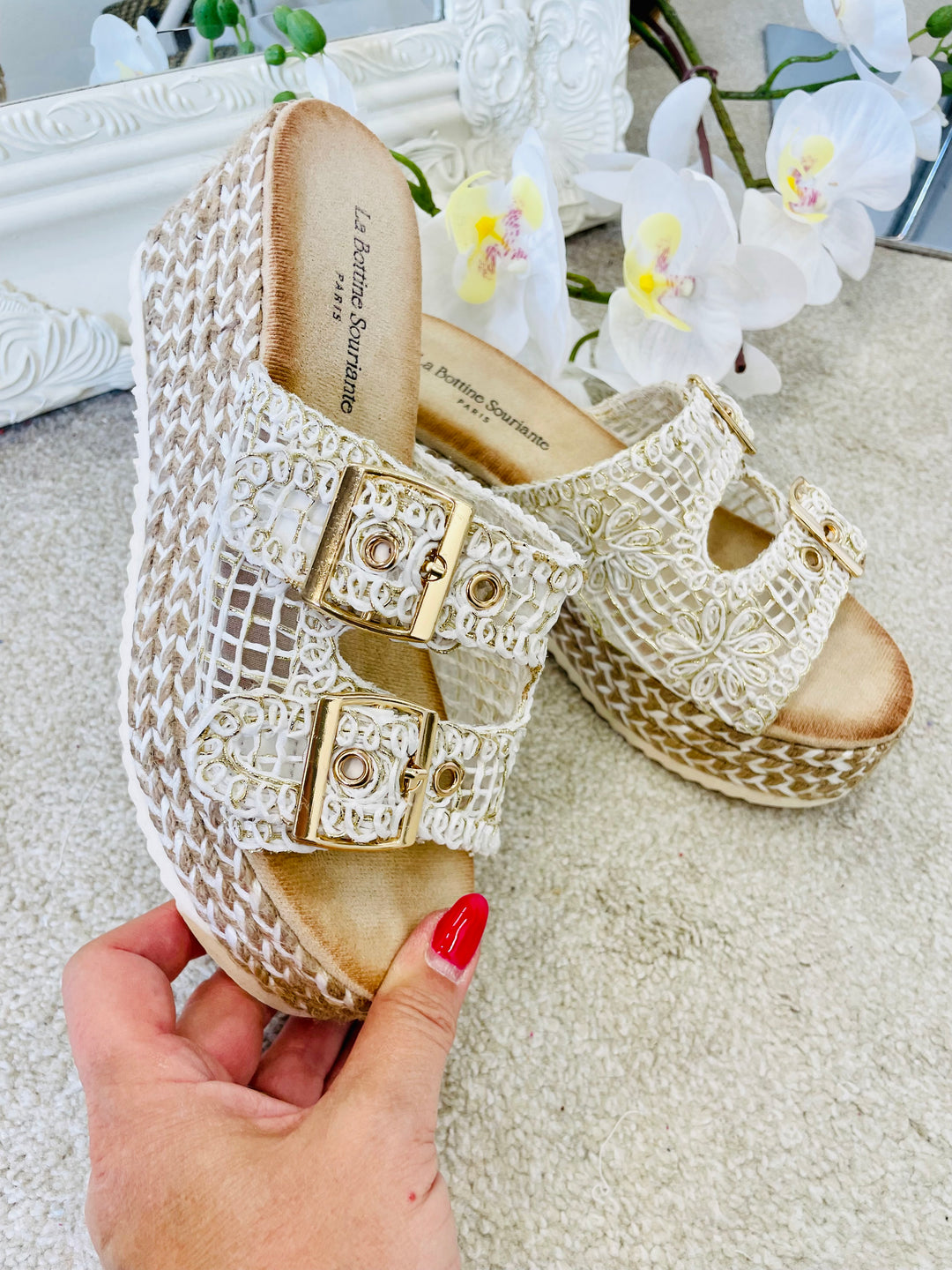LADIES WHITE CROCHET SUMMER WEDGE FLATFORM SANDALS SHOES
