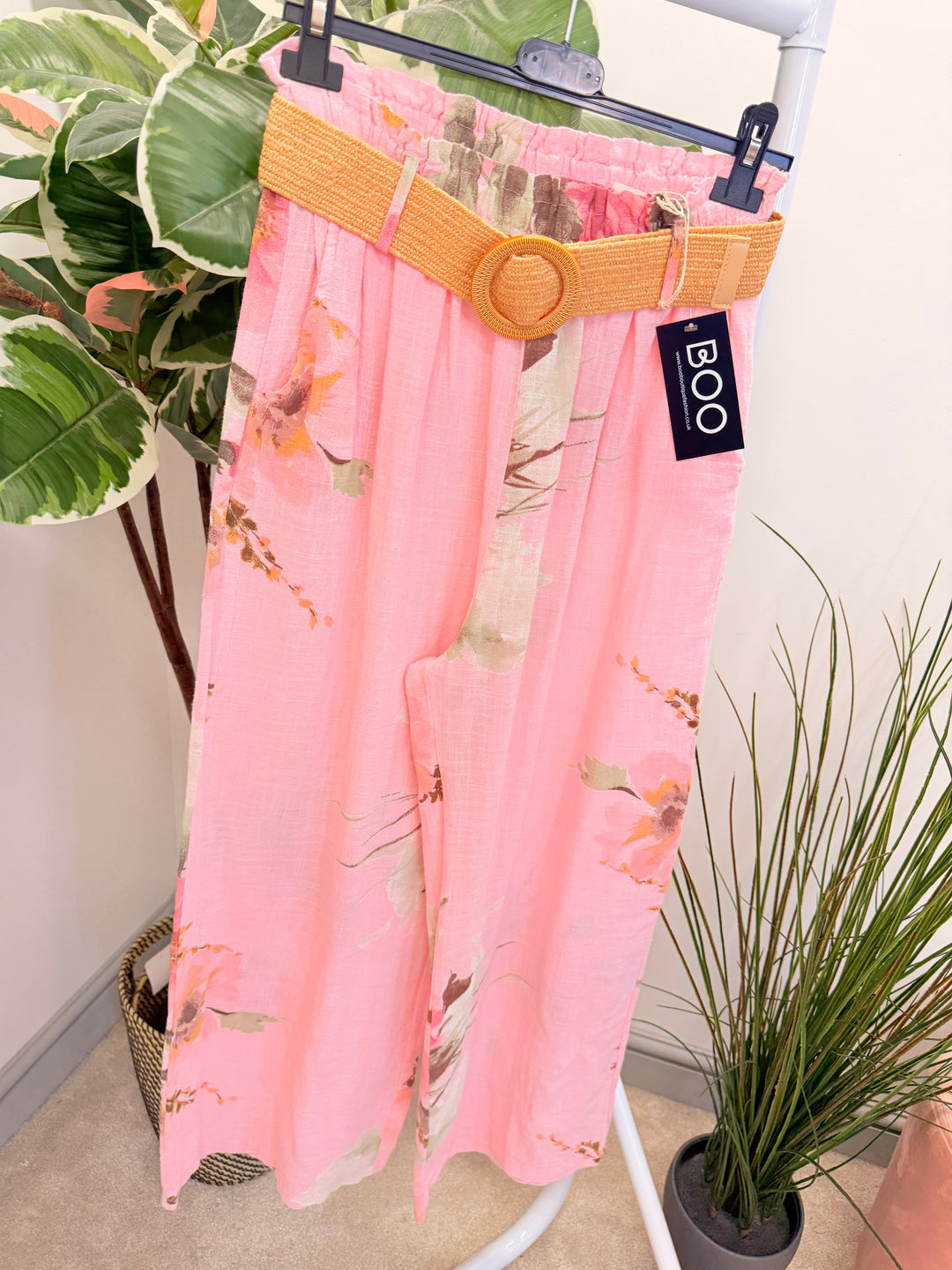 Ladies Fashion Flower Print Light Linen Wide Leg Trousers - White, Pink & Lemon
