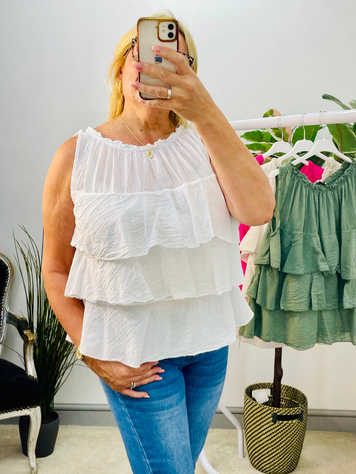LADIES COTTON FRILL SUMMER TOP BLOUSE - WHITE, KHAKI, PINK & BEIGE