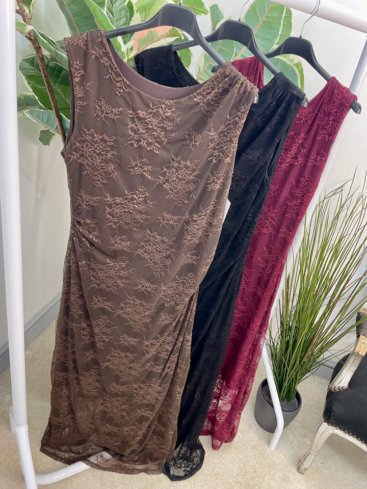 LADIES MESH NET SEXY PARTY MAXI DRESS - BERRY, BROWN & BLACK