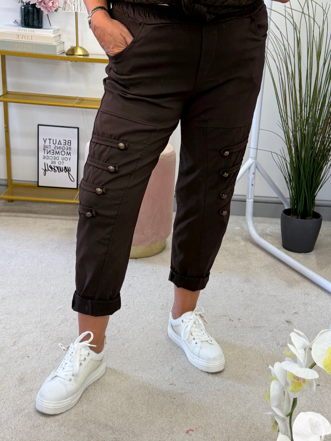 Ladies Fashion Military Magic Stretch Trousers - Black, Brown, Khaki & Beige