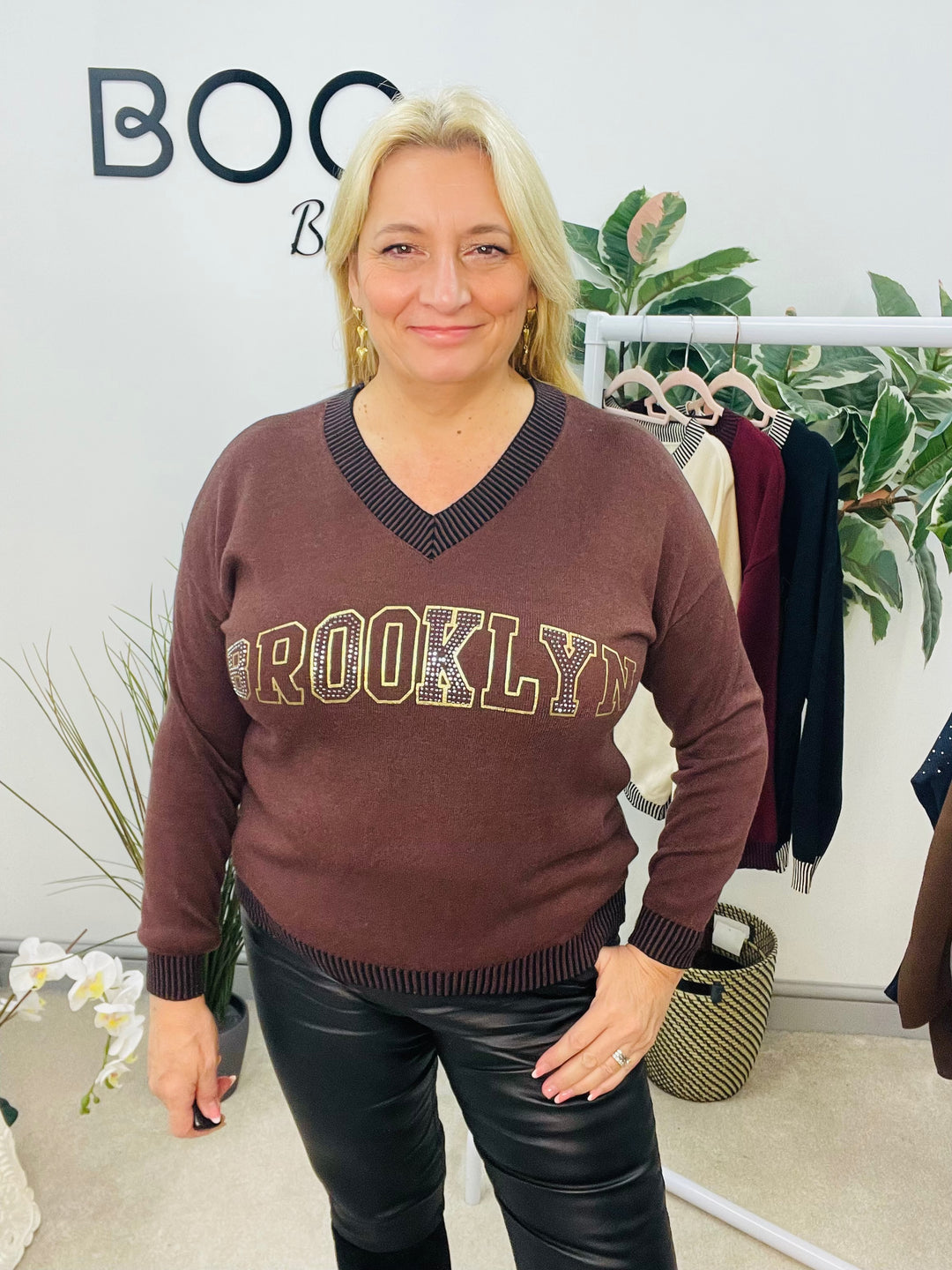 LADIES DIAMANTE SOFT KNIT JUMPER - BURGUNDY, BROWN, BLACK & BEIGE