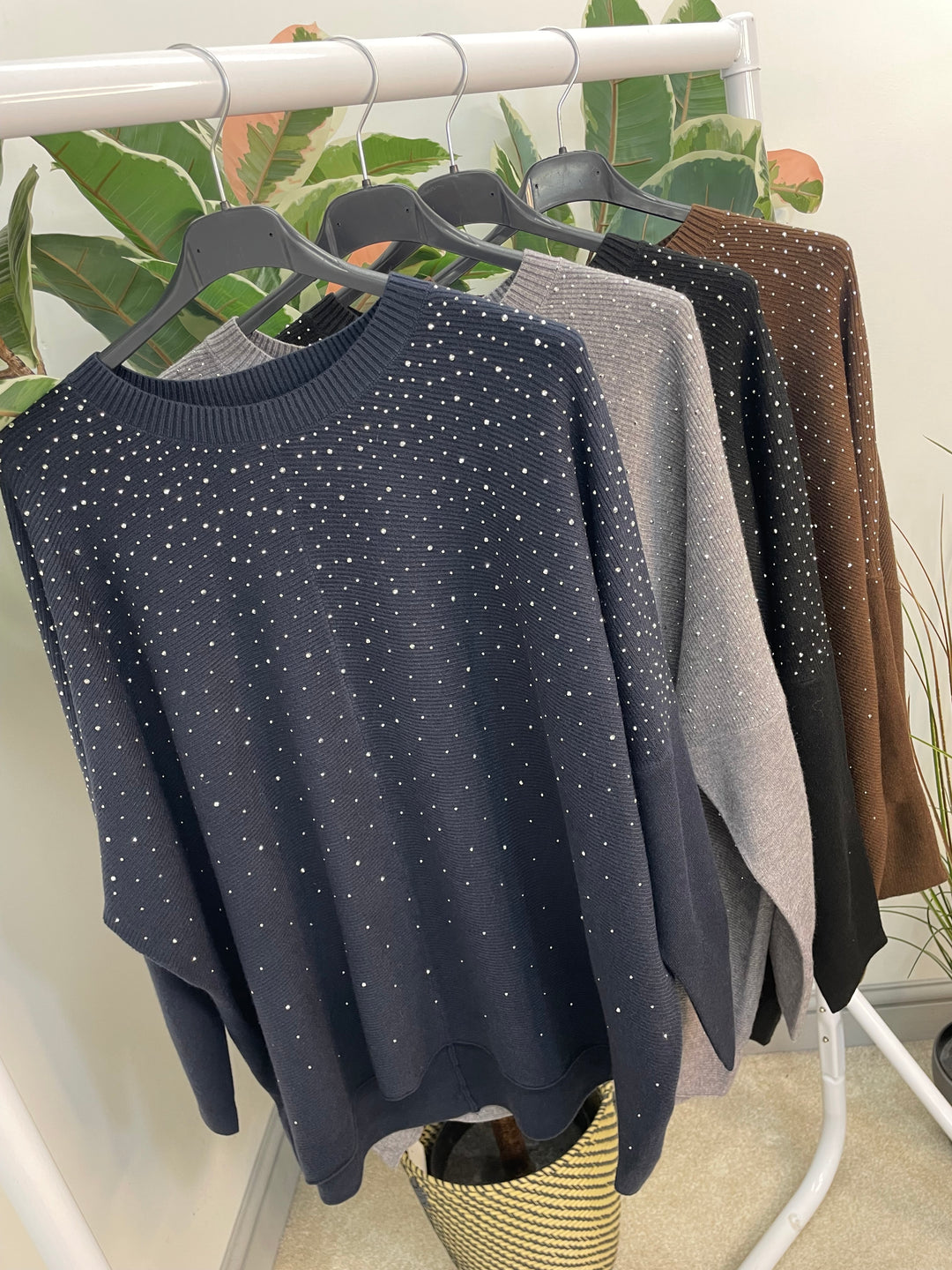 LADIES LOOSE FIT DIAMANTE OVERSIZE JUMPER - BLACK, GREY, NAVY, BROWN