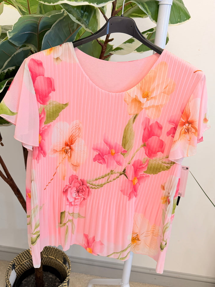 Ladies Pleated Floral Print Chiffon Top - Black, Cream, Blue, Lemon, Pink, Navy, Brown