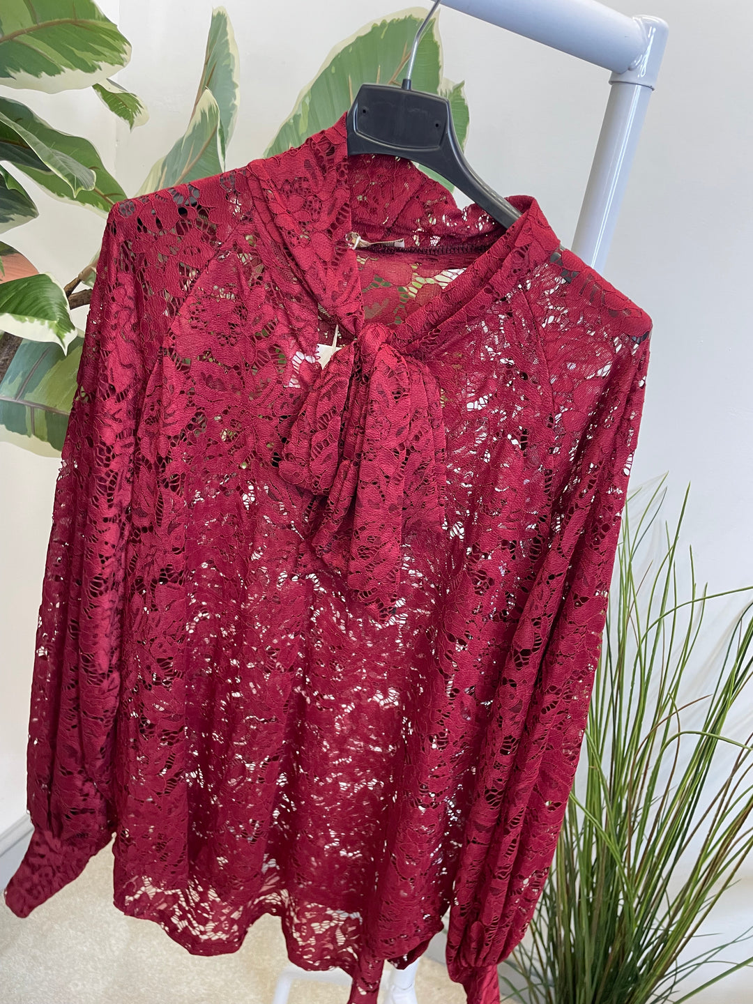 LADIES SHEER LACE BLOUSE SHIRT - WHITE, BLACK, BROWN & BERRY